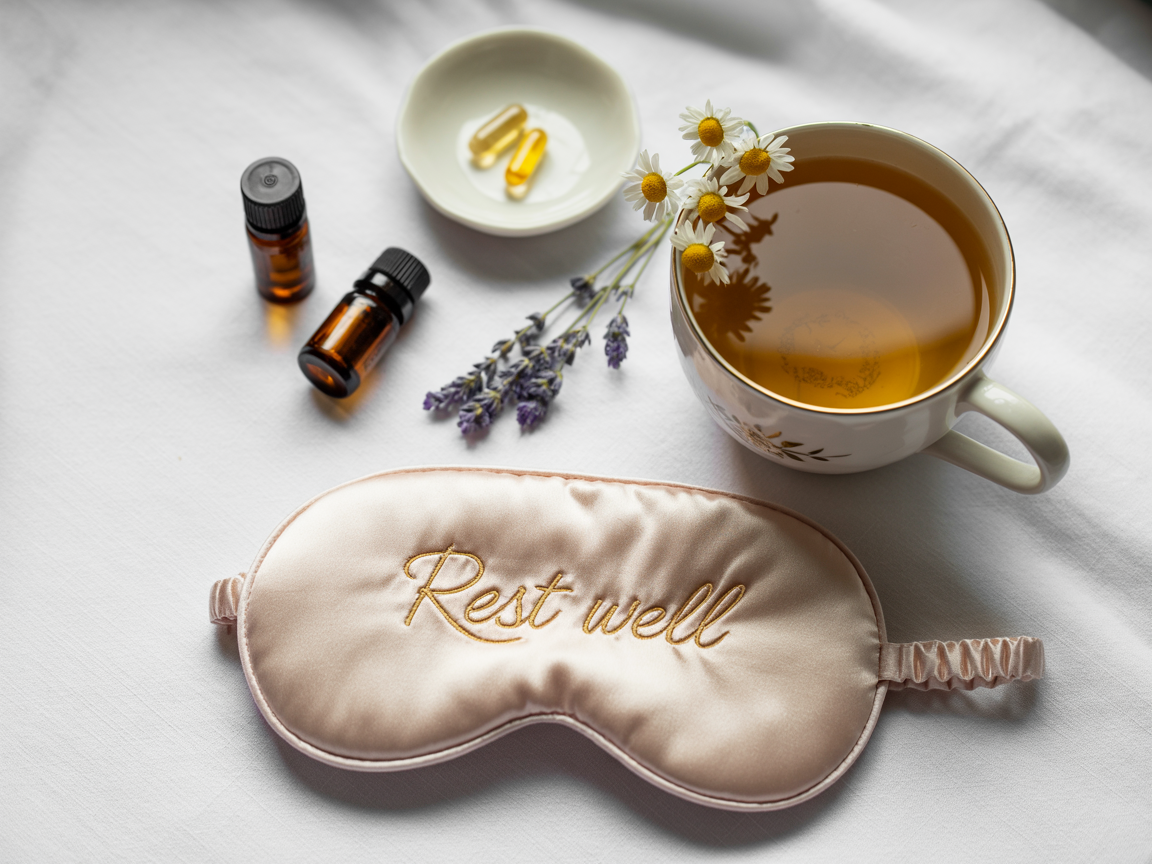 Natural sleep aids including melatonin supplements, chamomile tea, and lavender essential oils for relaxation