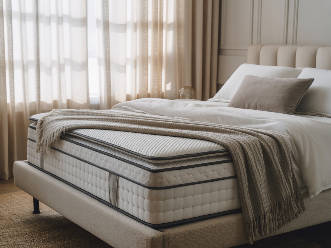 Luxury hybrid mattress in a bright bedroom, offering optimal support for back and side sleepers