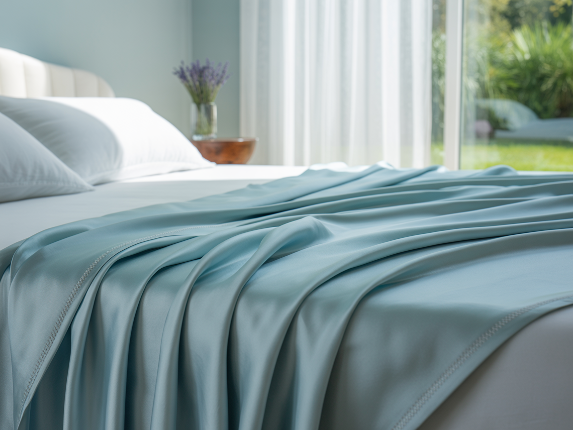Soft cooling sheets in pastel colors on a bed, perfect for hot sleepers needing temperature-regulated comfort